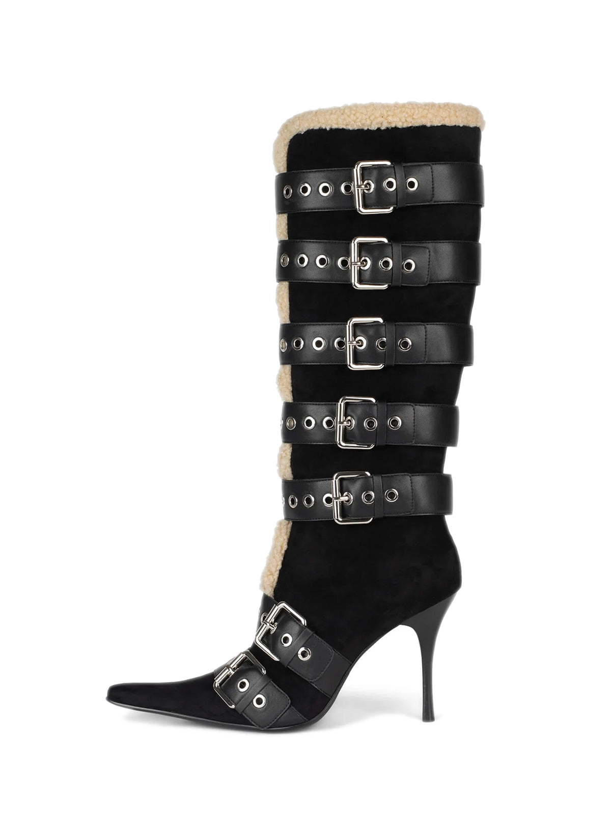 Black Faux Suede Pointed-Toe Plush Full-Zip Knee High Stiletto Boots With Buckles
