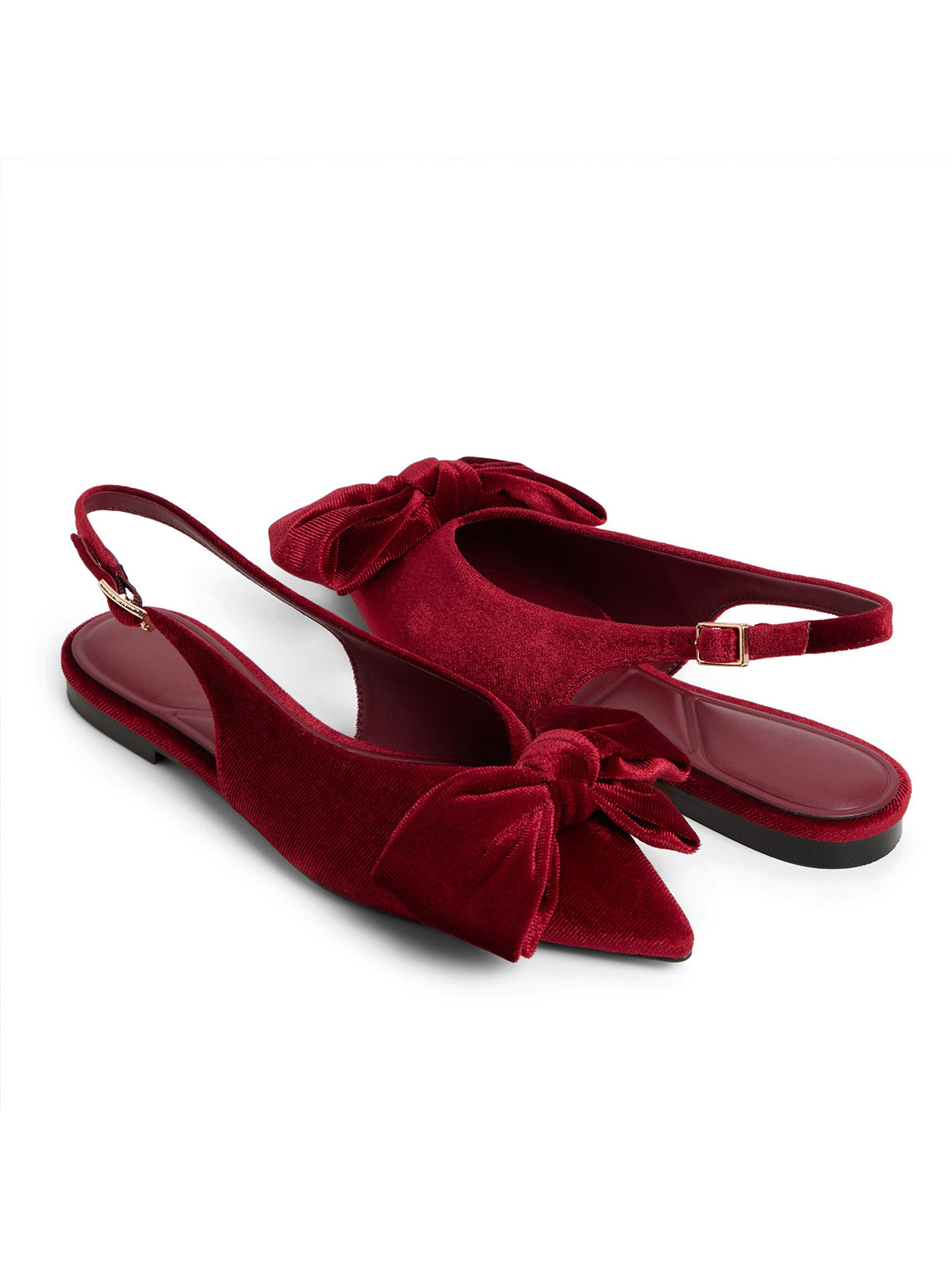 Red Velvet Pointed-Toe Front Big Bow Slingback Flats