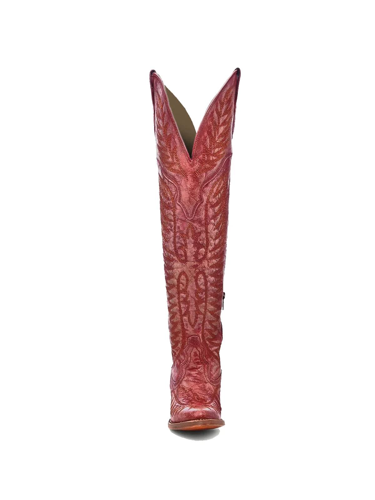 Almond-Toe Classic Embroidery Half-Zip Over-The-Knee Cowgirl Boots - Distressed Red