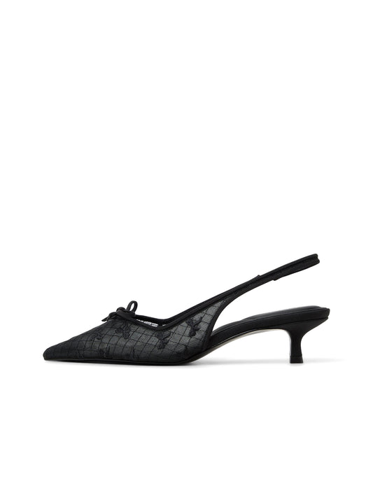 Black Mesh Pointed-Toe Front Bow And Bow Embroidery Slingback Kitten Heels