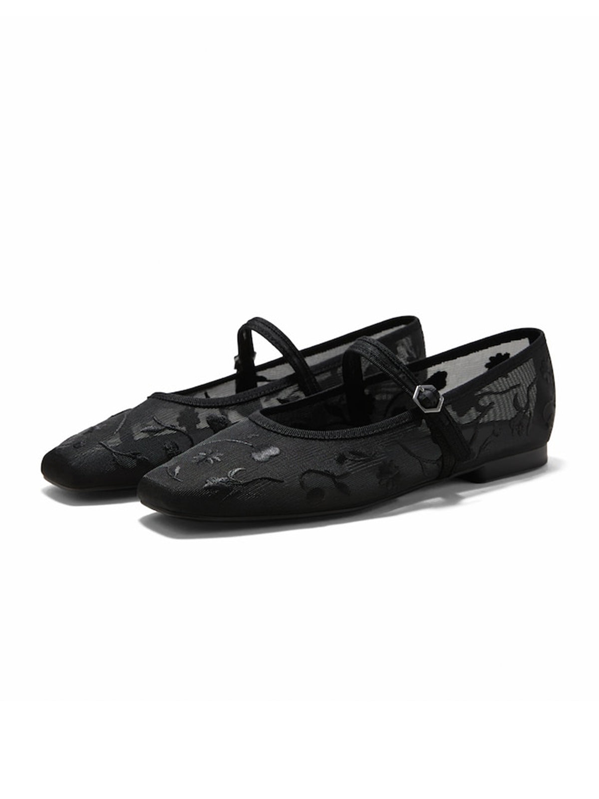Mesh And Satin Square-Toe Floral Embroidery Mary Jane Flats - Black