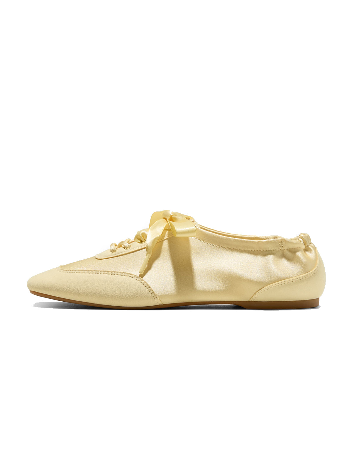 Yellow Satin And Faux Suede Square-Toe Floral Embroidery Lace-Up Flats