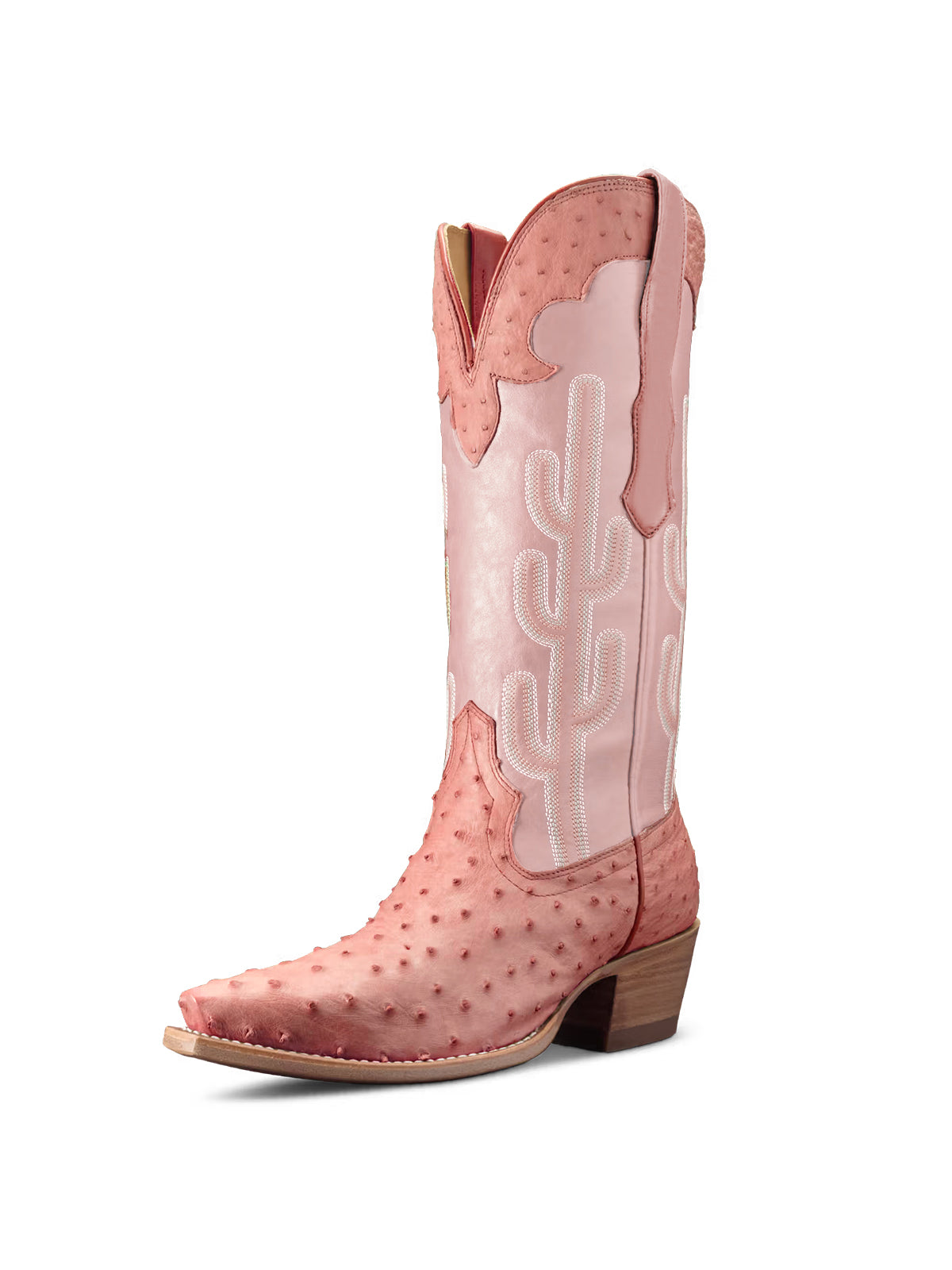 Contrast Pink And Ostrich Print Snip-Toe Cactus Embroidery Mid Calf Cowgirl Boots