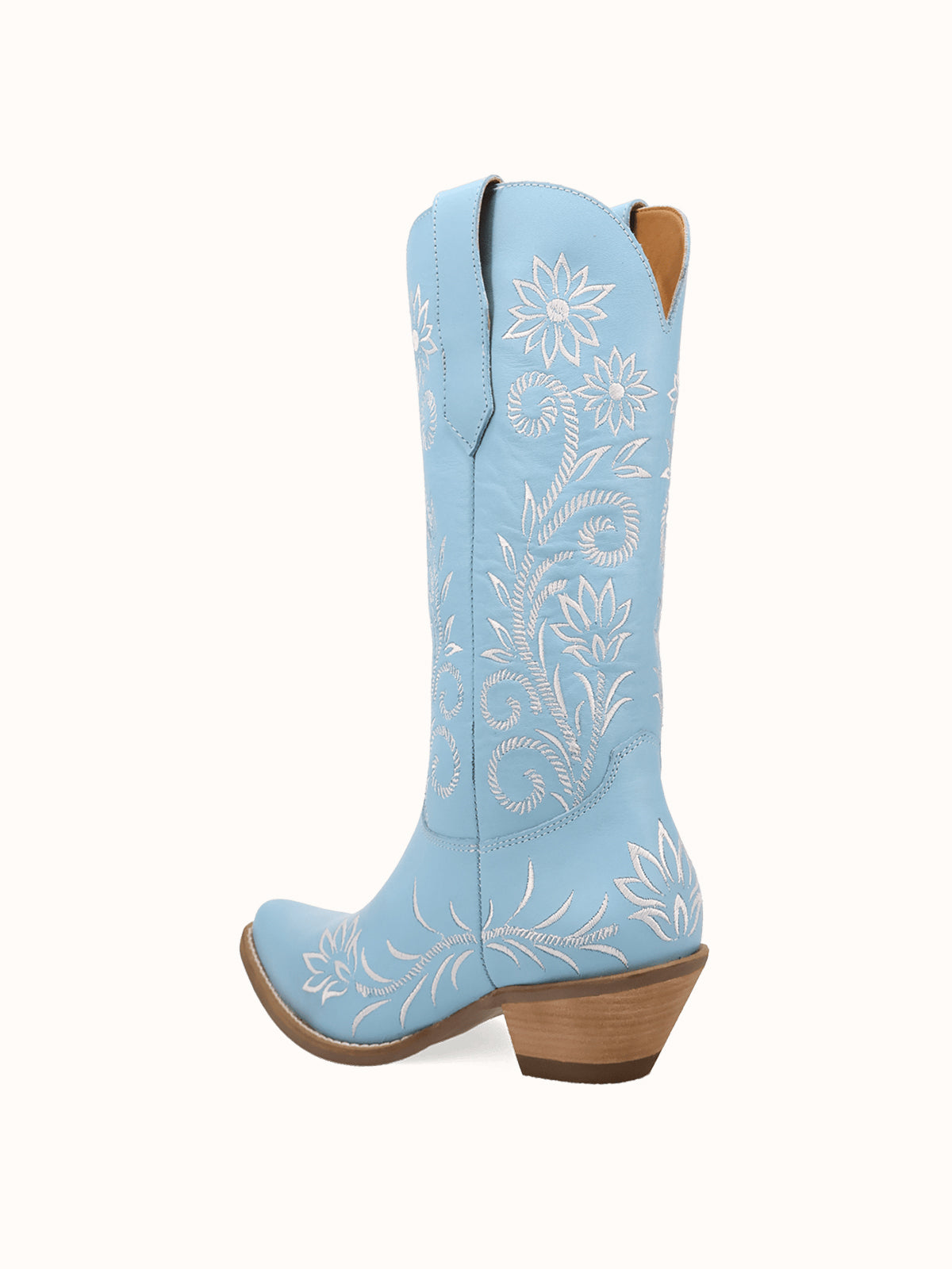 Blue Snip-Toe White Flowers Embroidery Chic Mid Calf Cowgirl Boots