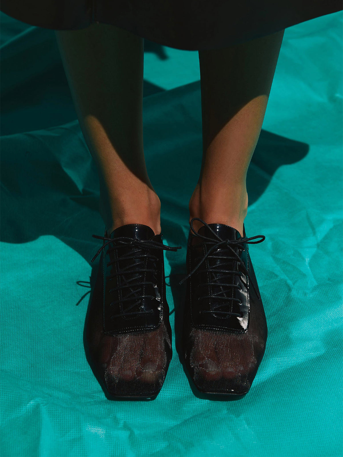 Black Mesh And Vegan Leather Square-Toe Lace-Up Simple Flats