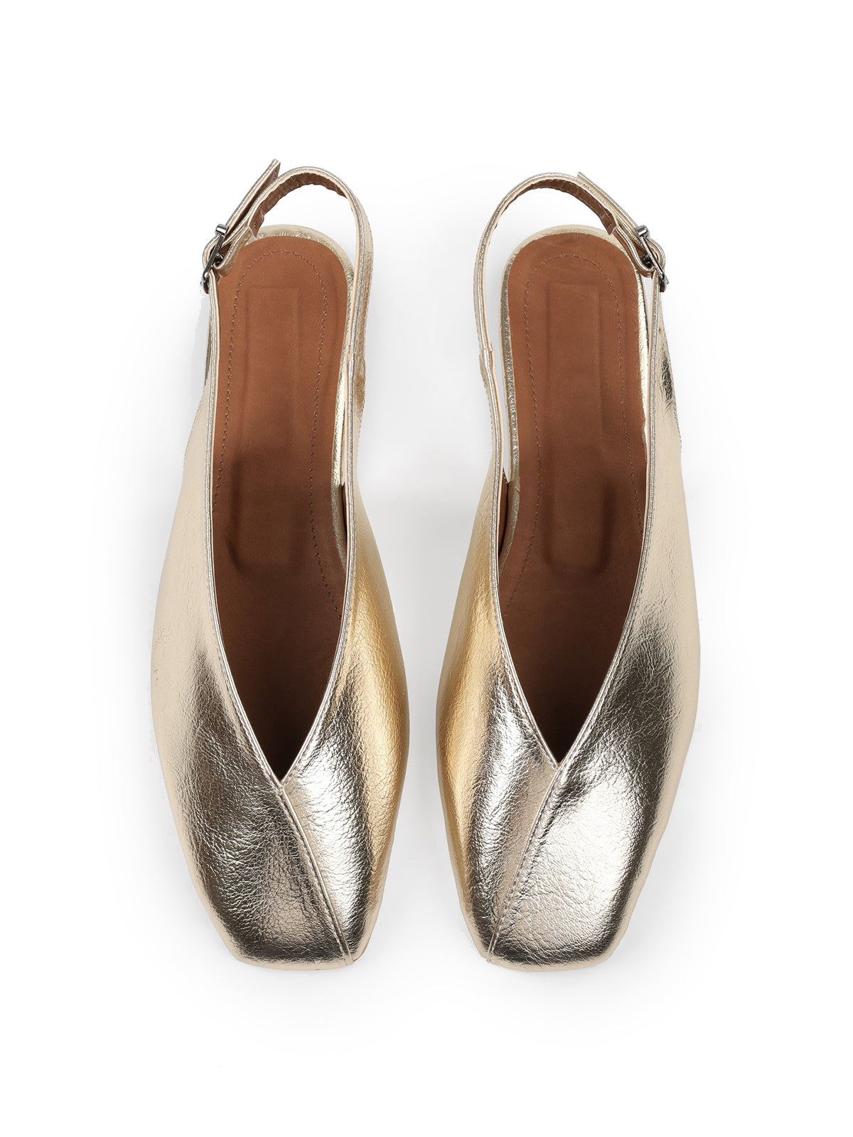 Metallic Gold Square-Toe Classic Buckle Back Strap Slip-On Flats