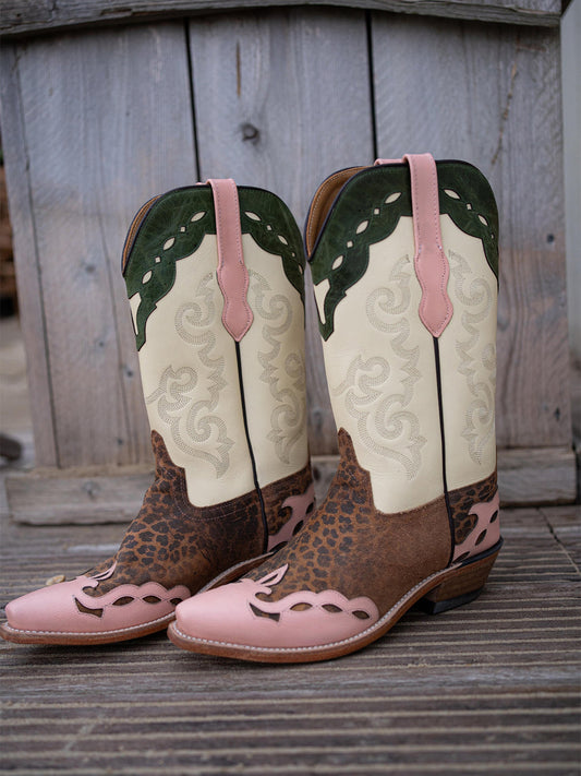 Leopard And White Snip-Toe Embroidery Western Mid Calf Cowgirl Boots