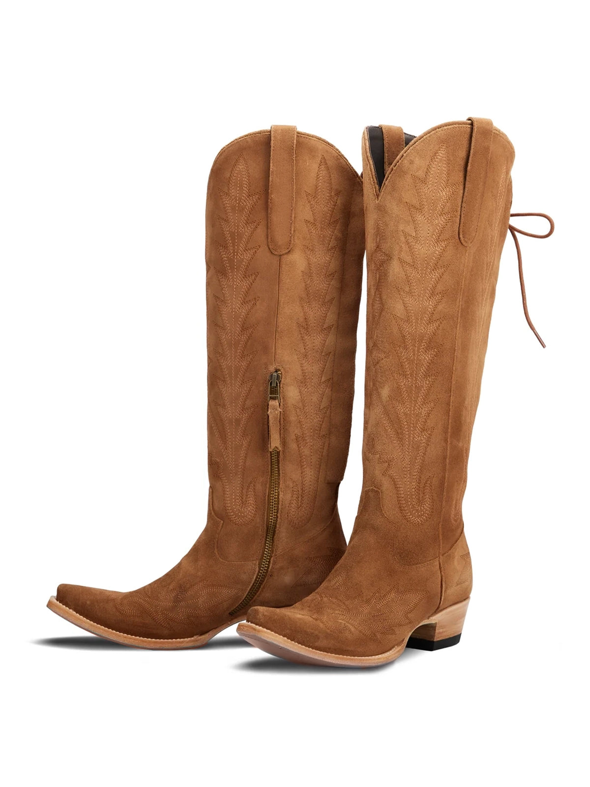 Snip-Toe Embroidery Half-Zip Back Lace-Up Knee High Cowgirl Boots - Toffee Faux Suede