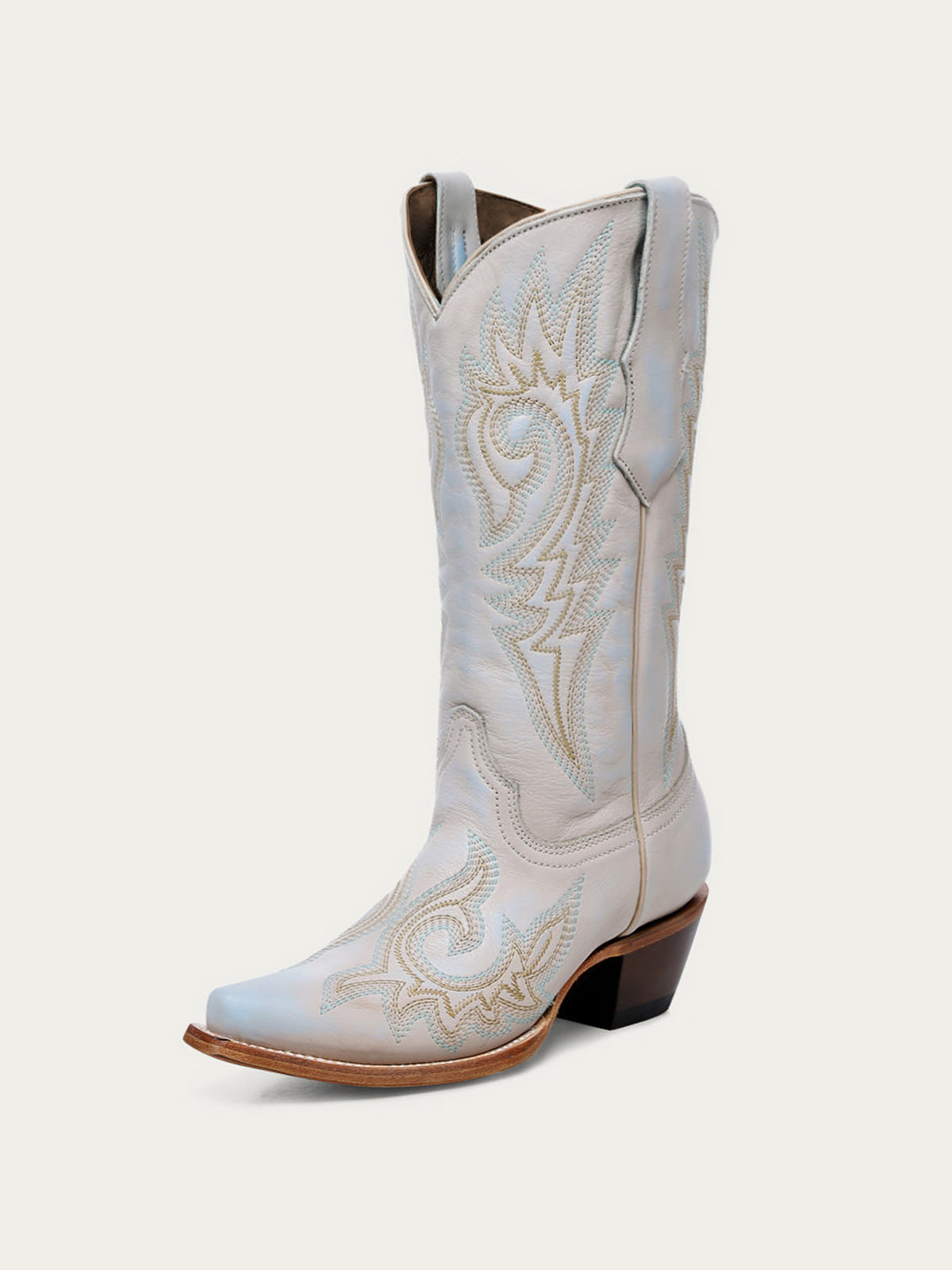 Flames Embroidery Snip-Toe Sleek Mid Calf Cowgirl Boots - Ivory