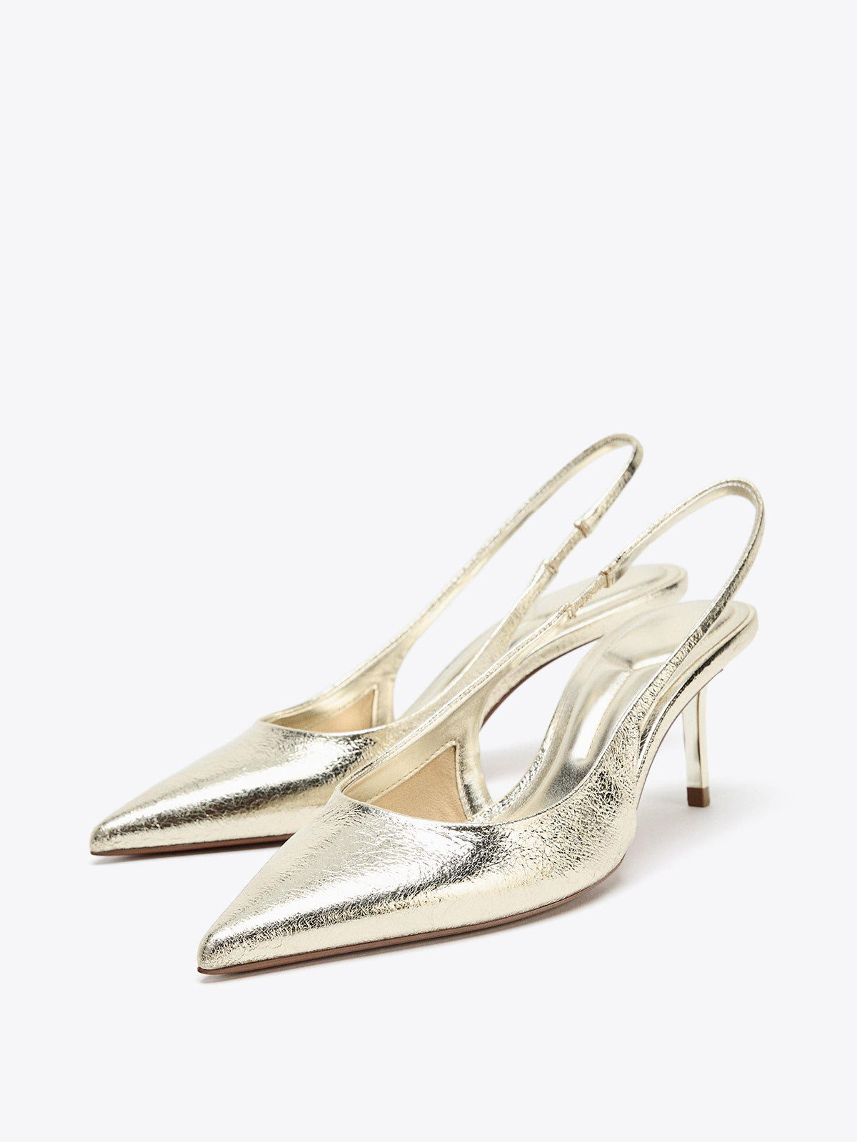 Metallic Gold Pointed-Toe Slip-On Slingback Kitten Heels