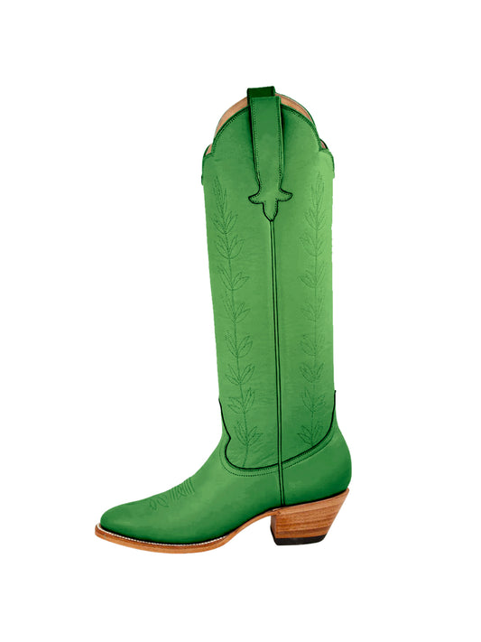 Almond-Toe Leaves Embroidery Wide Calf Knee High Cowgirl Boots - Green