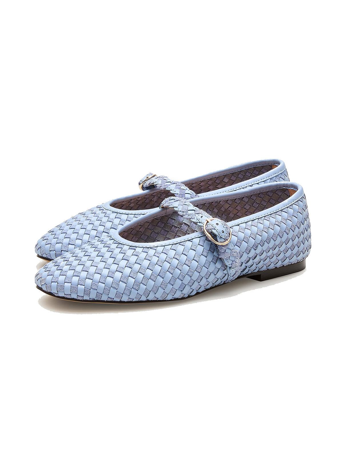 Blue Woven Vegan Leather Round-Toe Mary Jane Ballet Flats