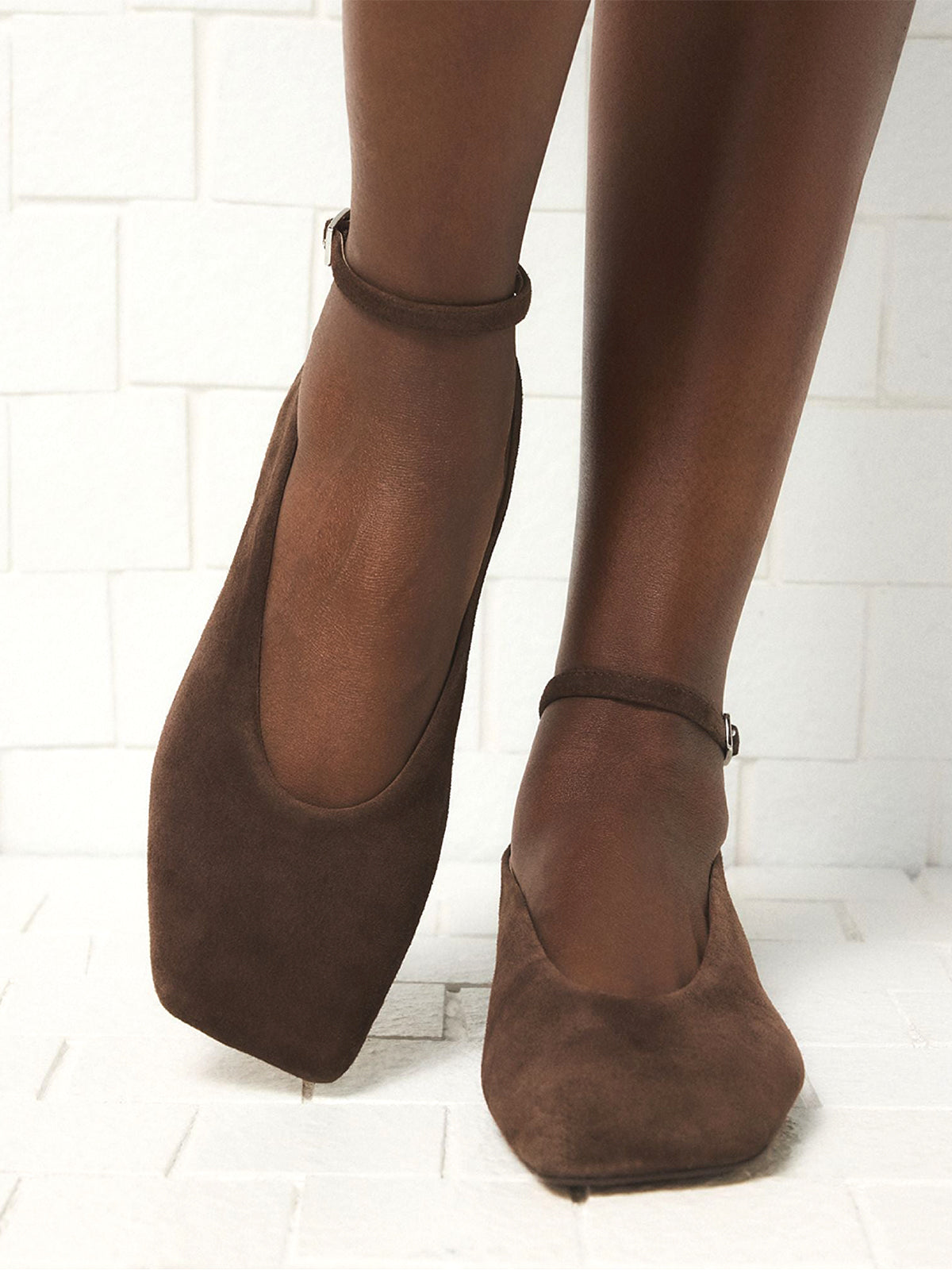 Dark Brown Faux Suede Square-Toe Ankle Strap Ballet Flats
