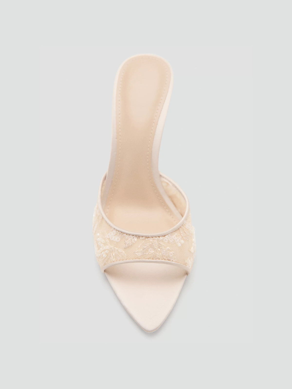 Nude Sequins Lace Mesh And Vegan Leather Pointed-Toe Backless Slip-On High Heels