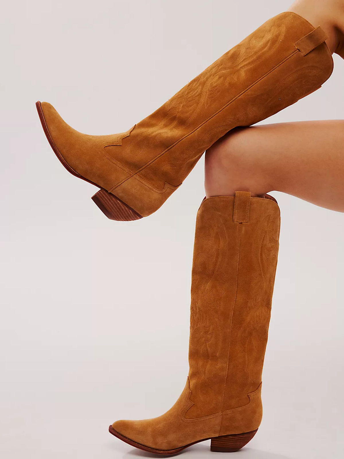 Camel Faux Suede Embroidery Pointed-Toe Tall Wide Mid Calf Western Boots For Women