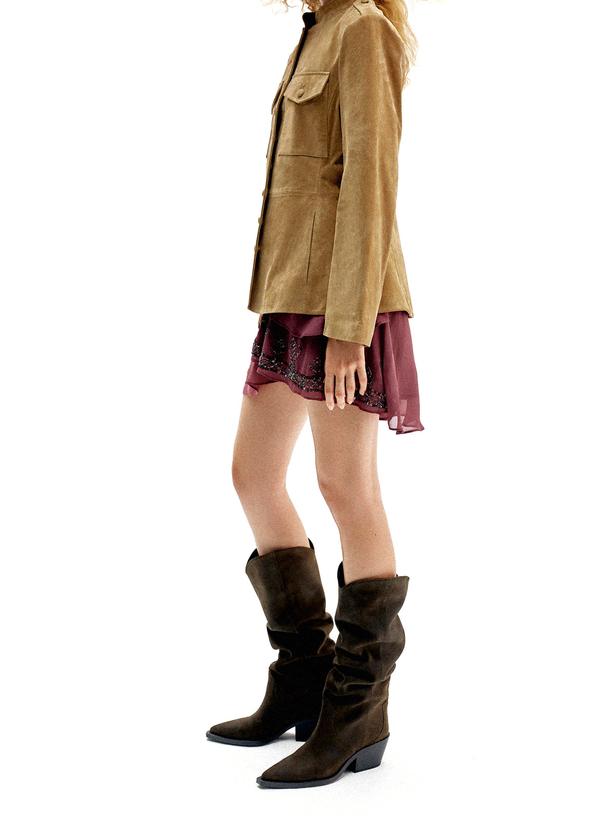 Green Faux Suede Pointed-Toe Sleek Wide Calf Chic Knee High Cowgirl Boots