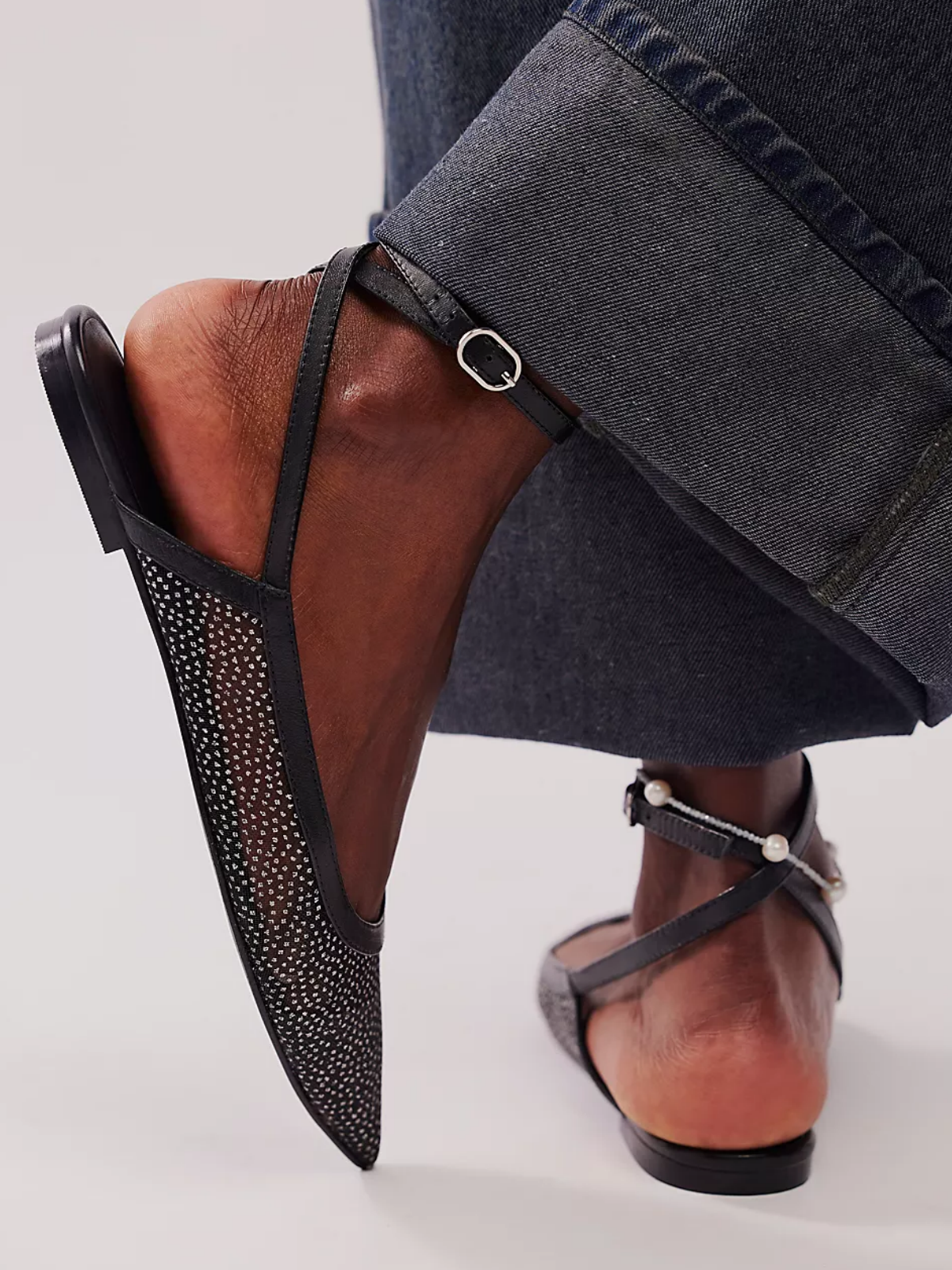 Black Glitter Mesh Pointy Toe Flats With Ankle Wrap Strap