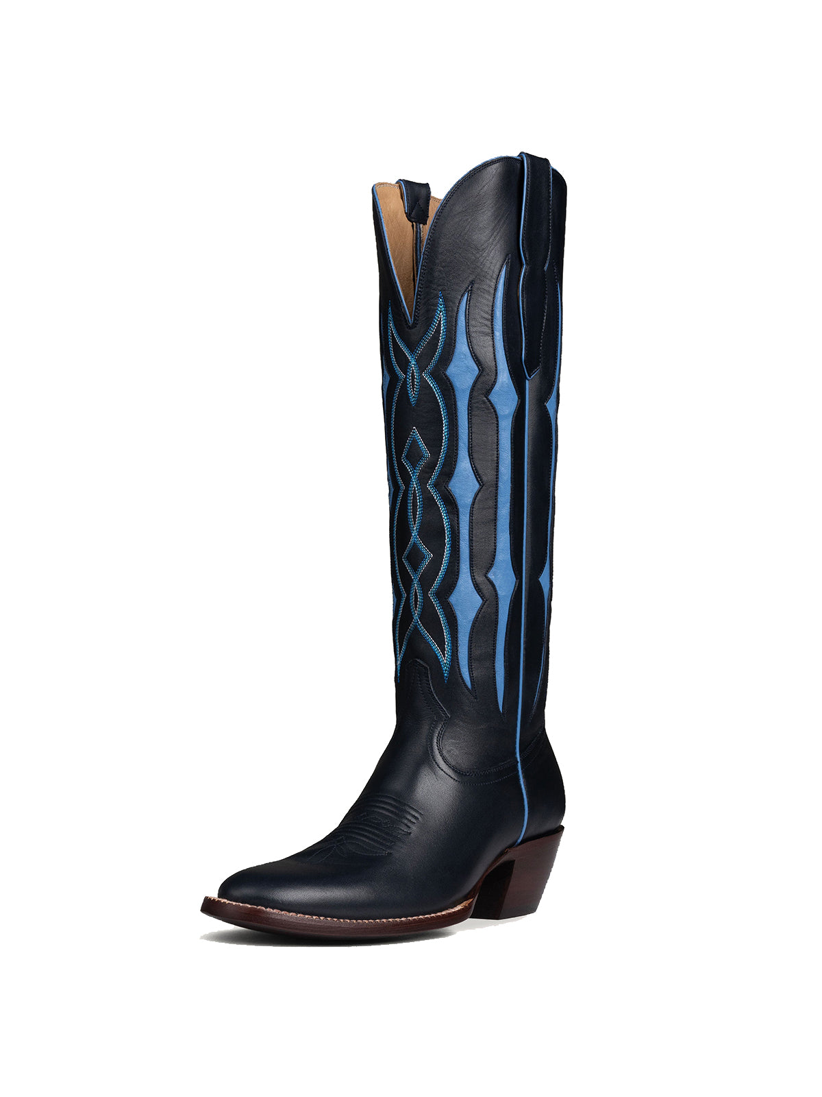 Black Contrast Blue Inlay Stitch Almond-Toe Wide Knee High Western Cowgirl Boots