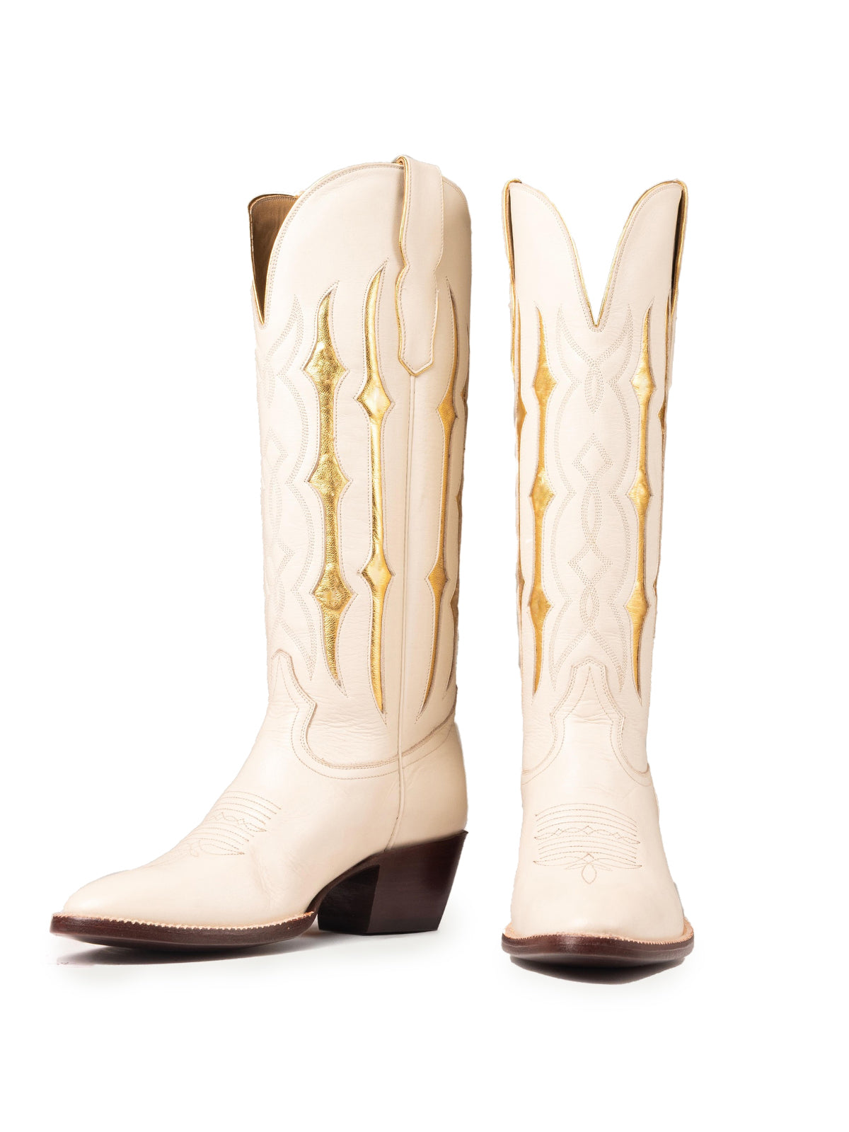 Ivory Contrast Metallic Gold Inlay Stitch Almond-Toe Wide Knee High Western Cowgirl Boots
