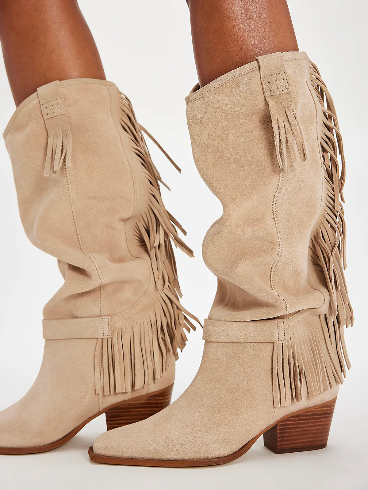 Sand Faux Suede Pointed-Toe Fringe Wide Calf Knee High Cowgirl Boots