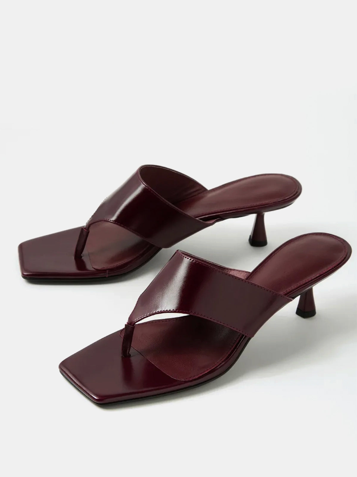 Square-Toe Slip-On Kitten Heel Sandals - Burgundy
