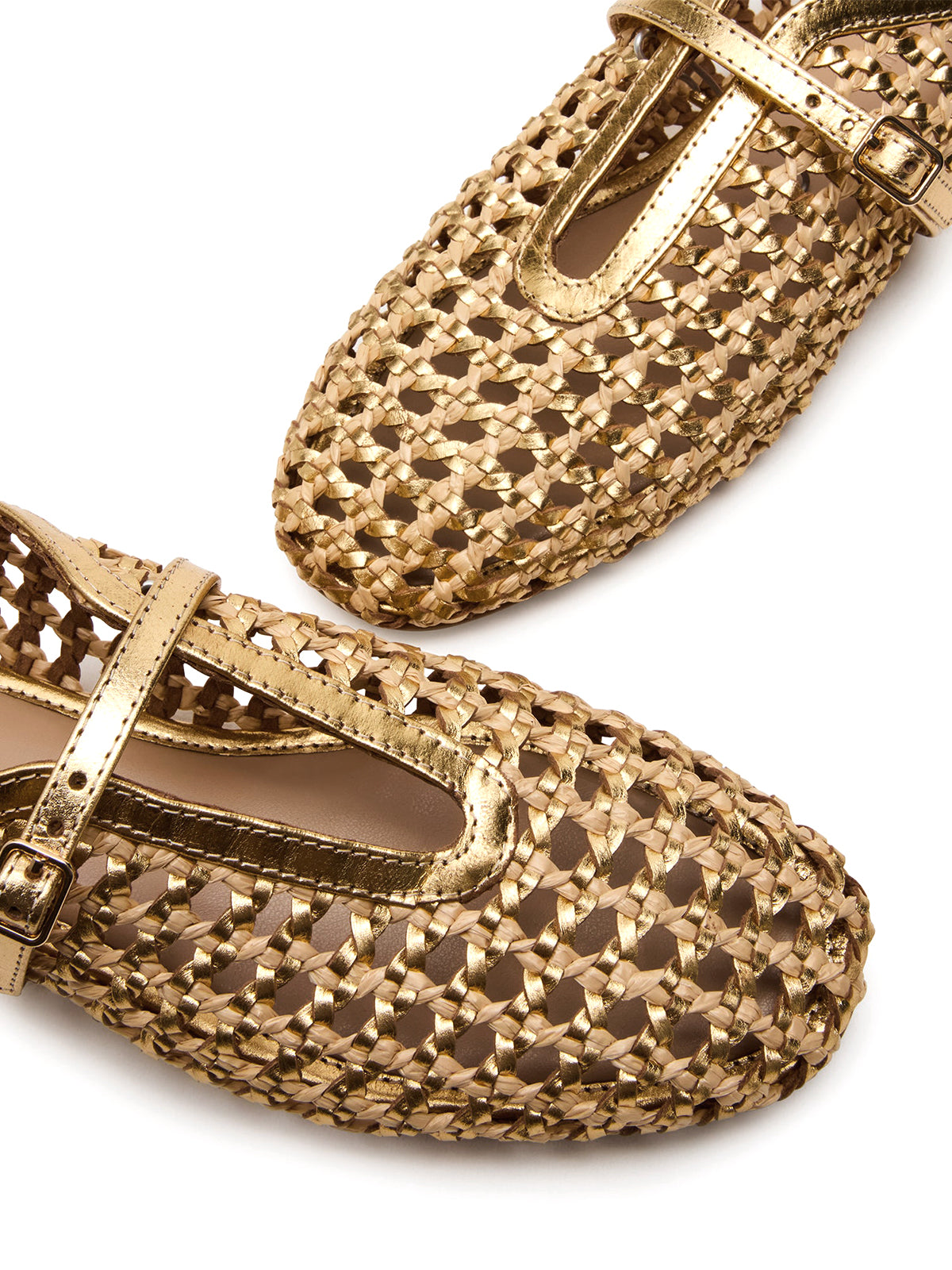 Metallic Gold Woven Round-Toe Mary Jane Flats