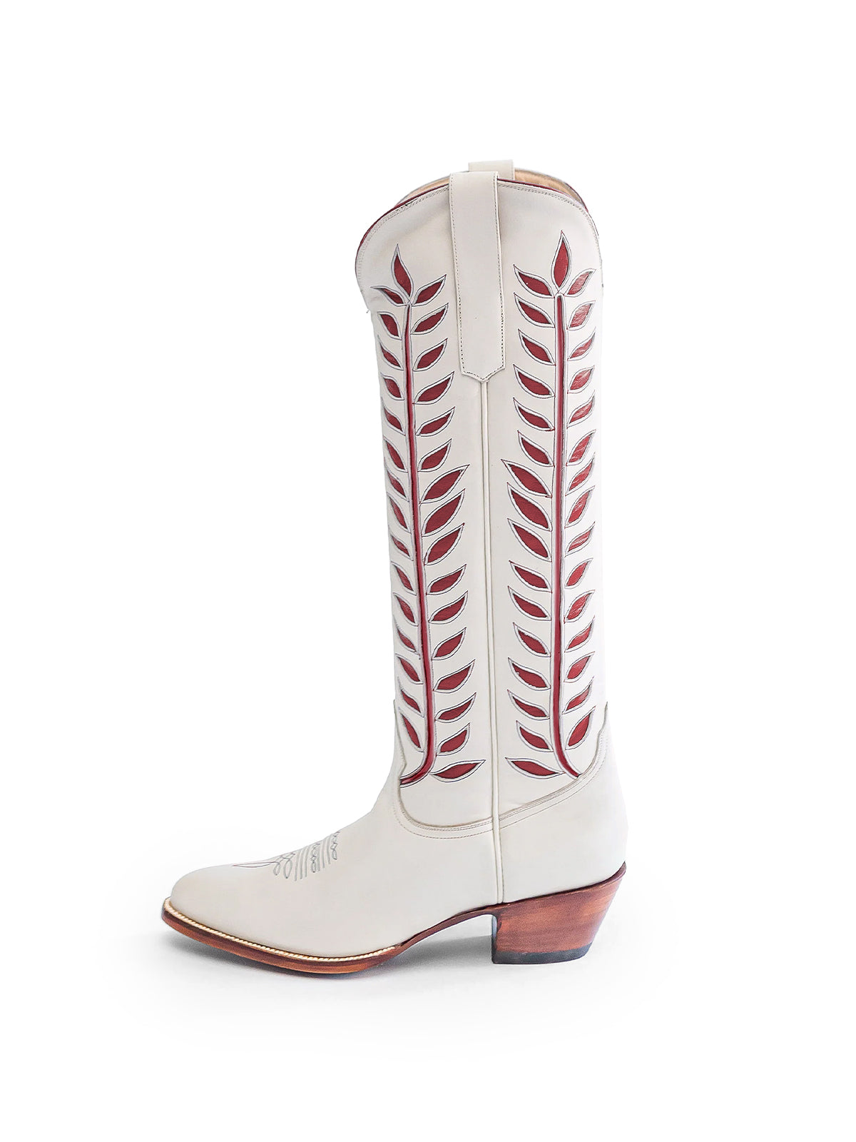 Almond-Toe Wine Red Leaves Inlay Wide Calf Tall Knee High Cowgirl Boots - White