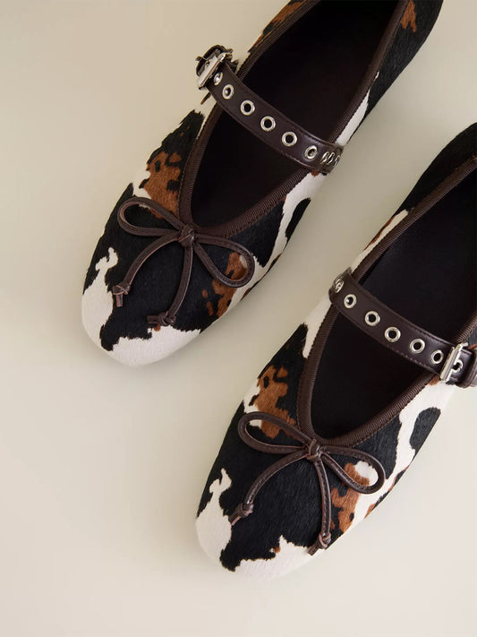 Cow Print Round-Toe Mary Jane Front Bow Ballet Flats