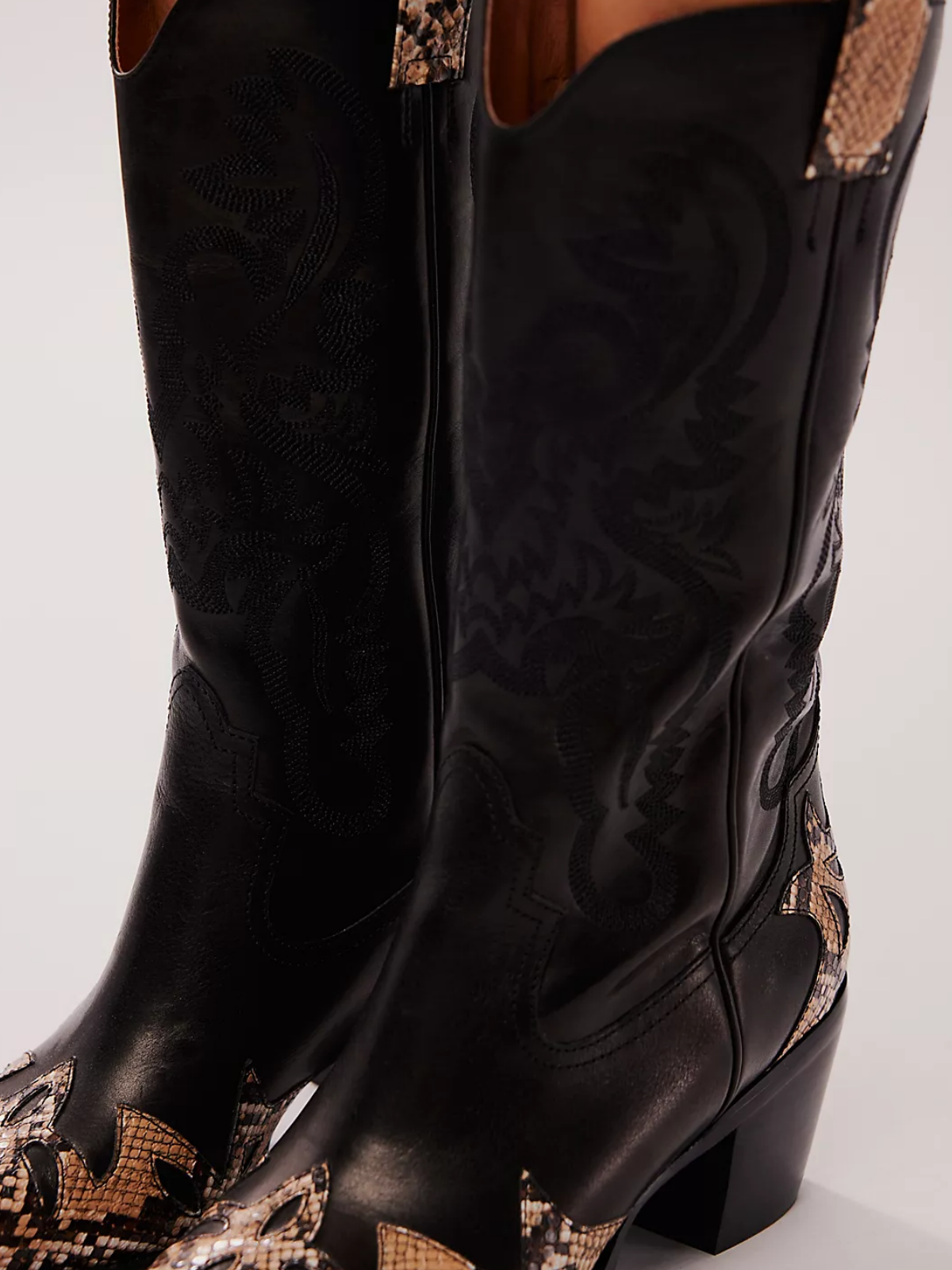 Black Snip-Toe Snakeskin Applique Western Embroidery Wide Mid Calf Tall Cowgirl Boots