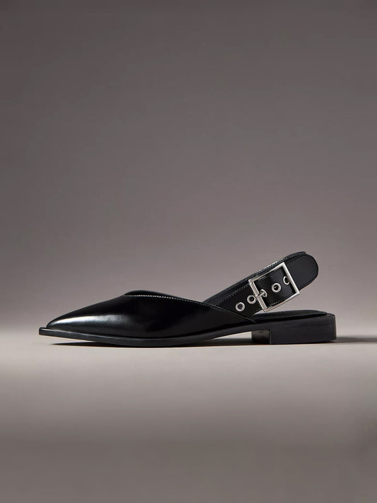Black Pointed-Toe Buckle Slingback Flats