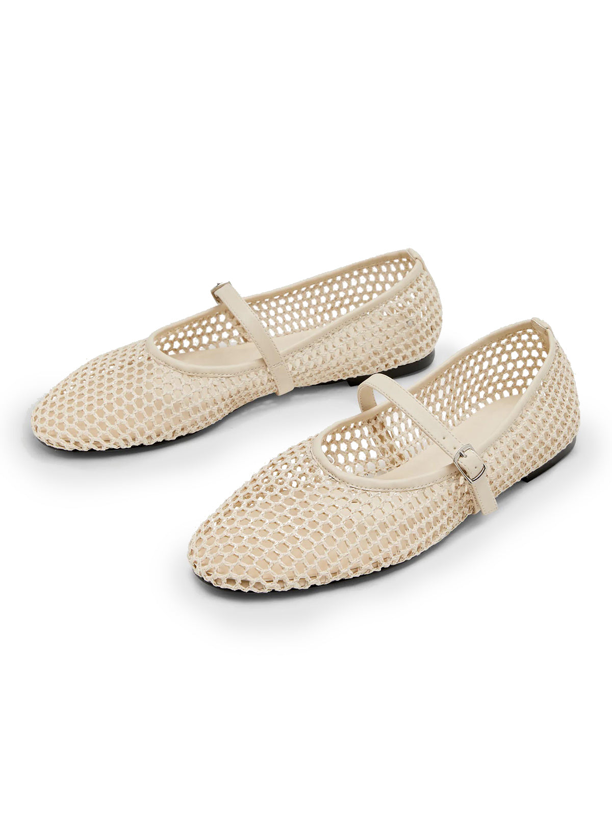 Beige Grass Woven Round-Toe Buckle Mary Jane Chic Flats