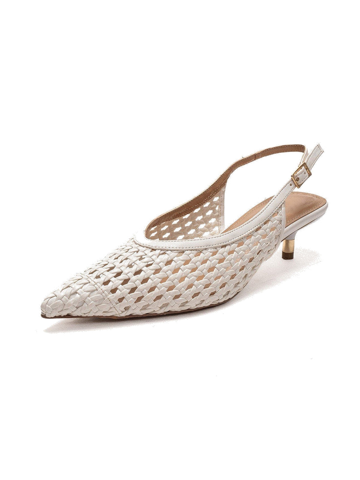 White Woven Vegan Leather Pointed-Toe Classic Back Strap Pumps Kitten Heels