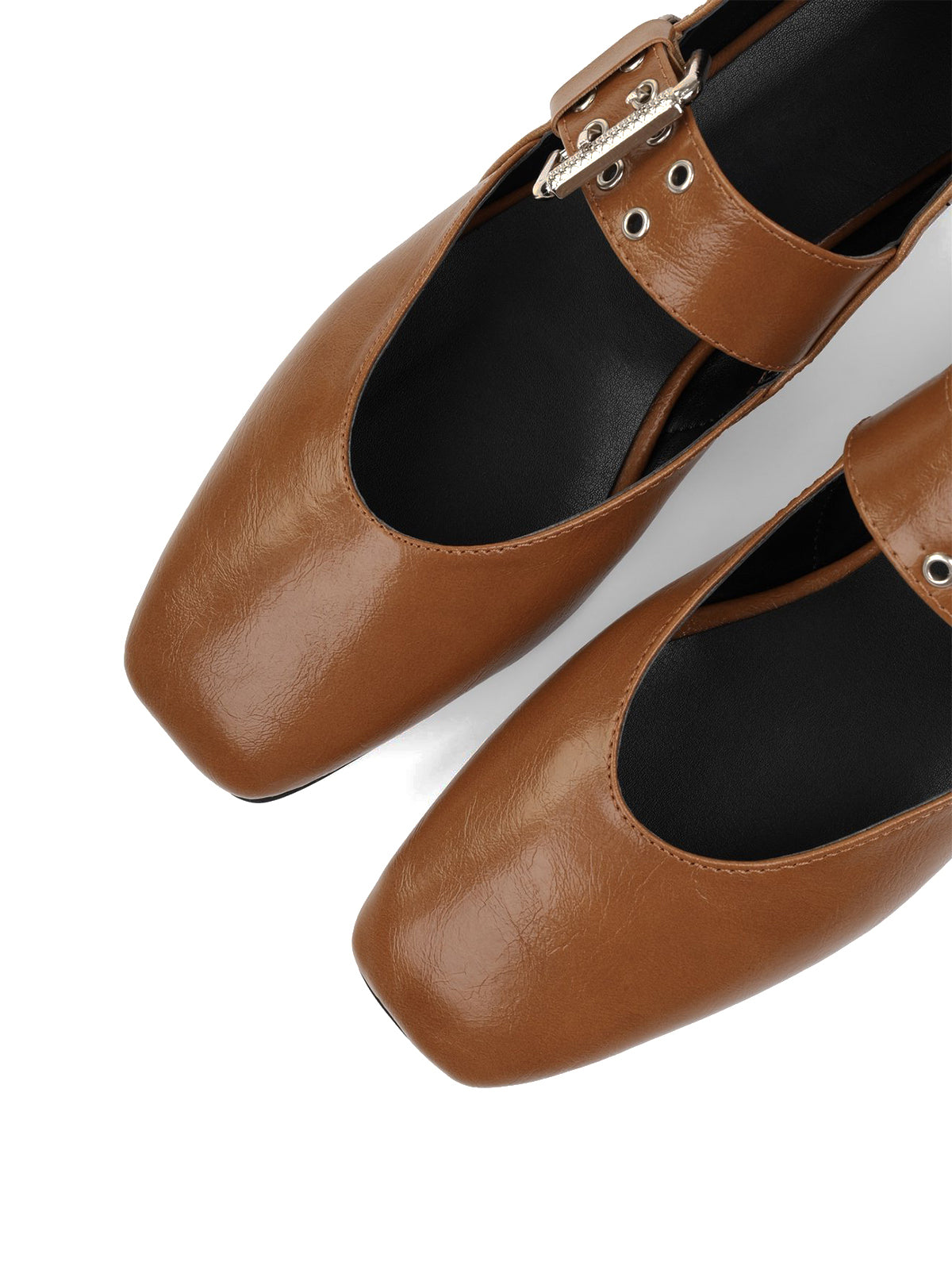 Caramel Square-Toe Buckle Bridge Strap With Eyelets Ballet Flats