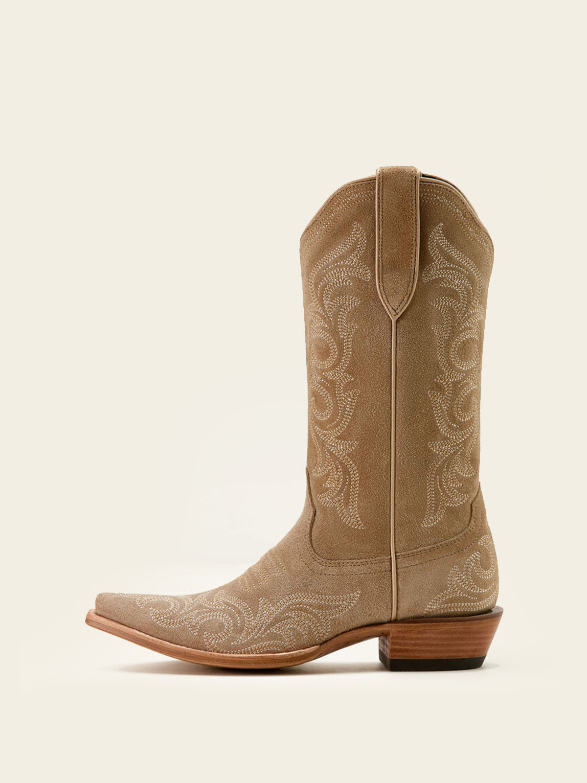 Taupe Faux Suede Snip-Toe Western Embroidery Mid Calf Cowgirl Boots