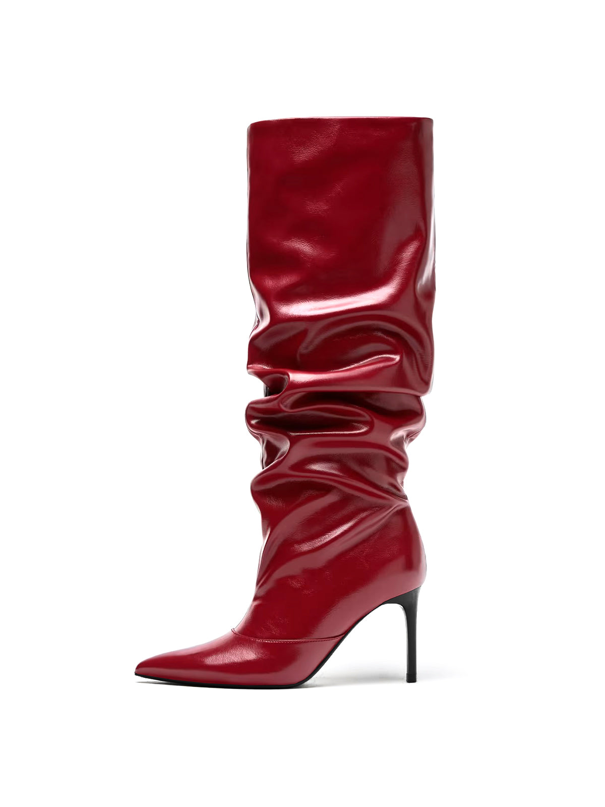 Red Pointed-Toe Slouchy Wide Calf Knee High Stiletto Boots