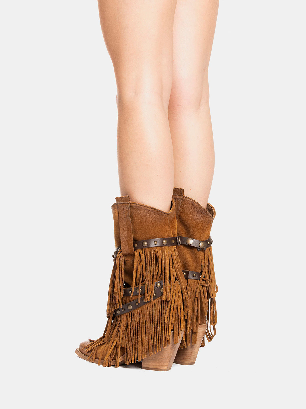 Tan Faux Suede Snip-Toe Studded Straps Fringe Mid Calf Cowgirl Boots
