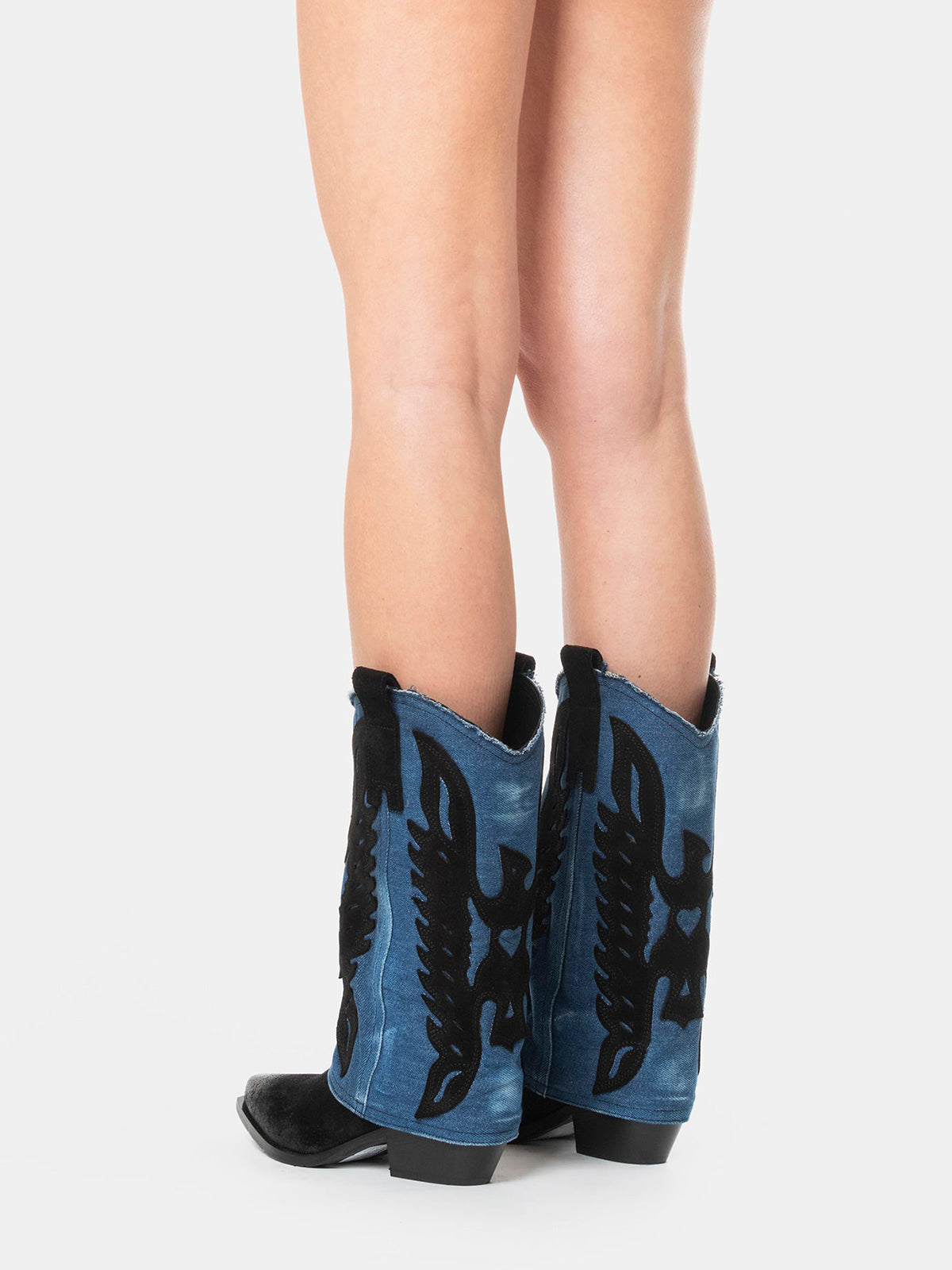 Black Snip-Toe Eagle Applique Blue Denim Fold-Over Mid Calf Cowgirl Boots