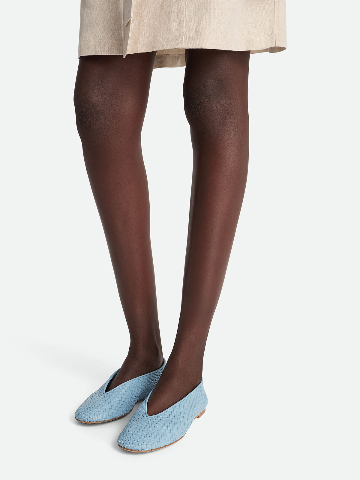 Blue Vegan Leather Woven Round-Toe V-Cut Vamp Flats