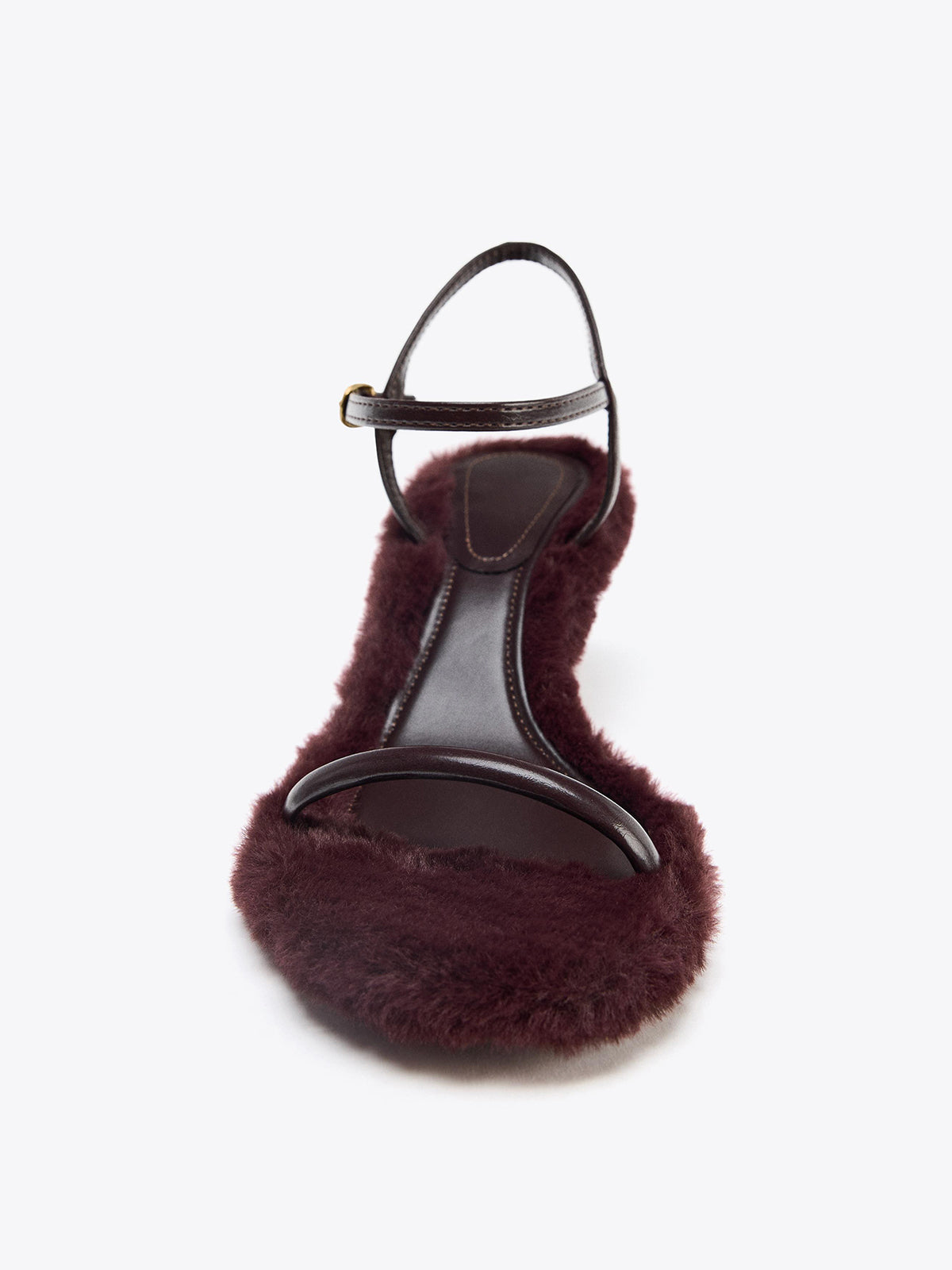 Burgundy Plush Round-Toe Front And Ankle Strap Kitten Heels
