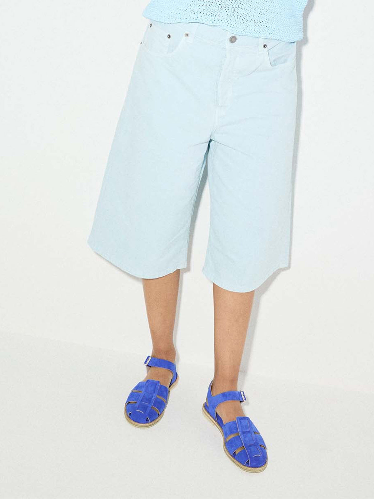Dark Blue Faux Suede Round-Toe Fisherman Sandals Flats
