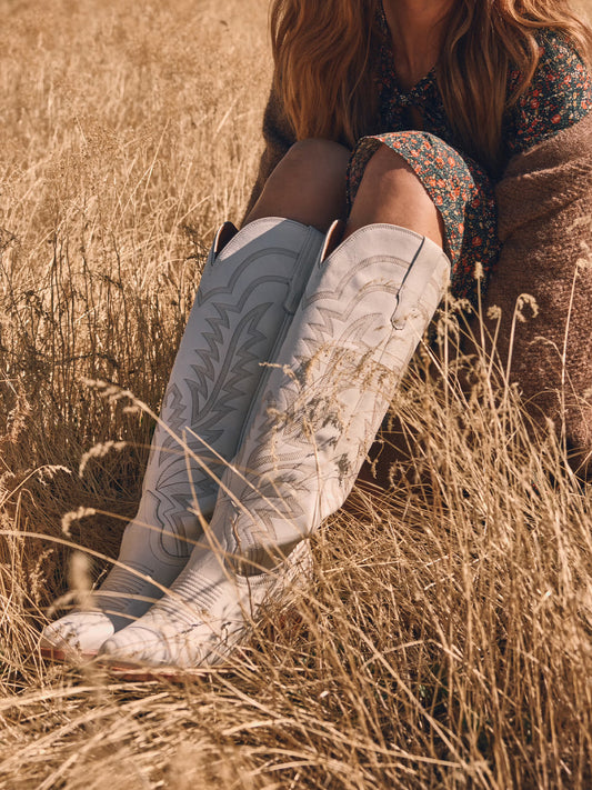 Western Embroidery Almond-Toe Tall Knee High Cowgirl Boots - White