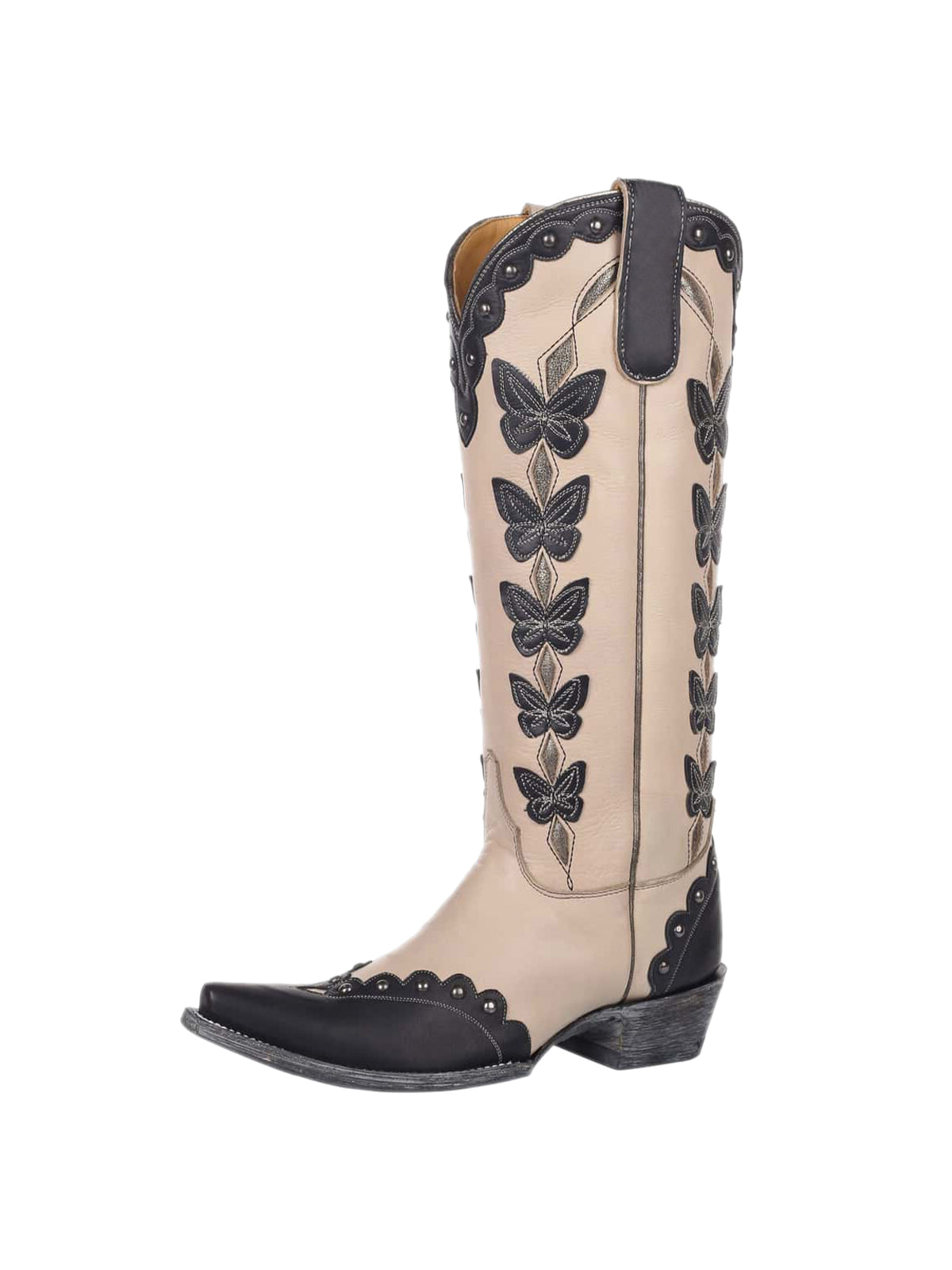 Contrast Cream And Black Snip-Toe Butterrfly Applique Wide Calf Studded Knee High Cowgirl Boots