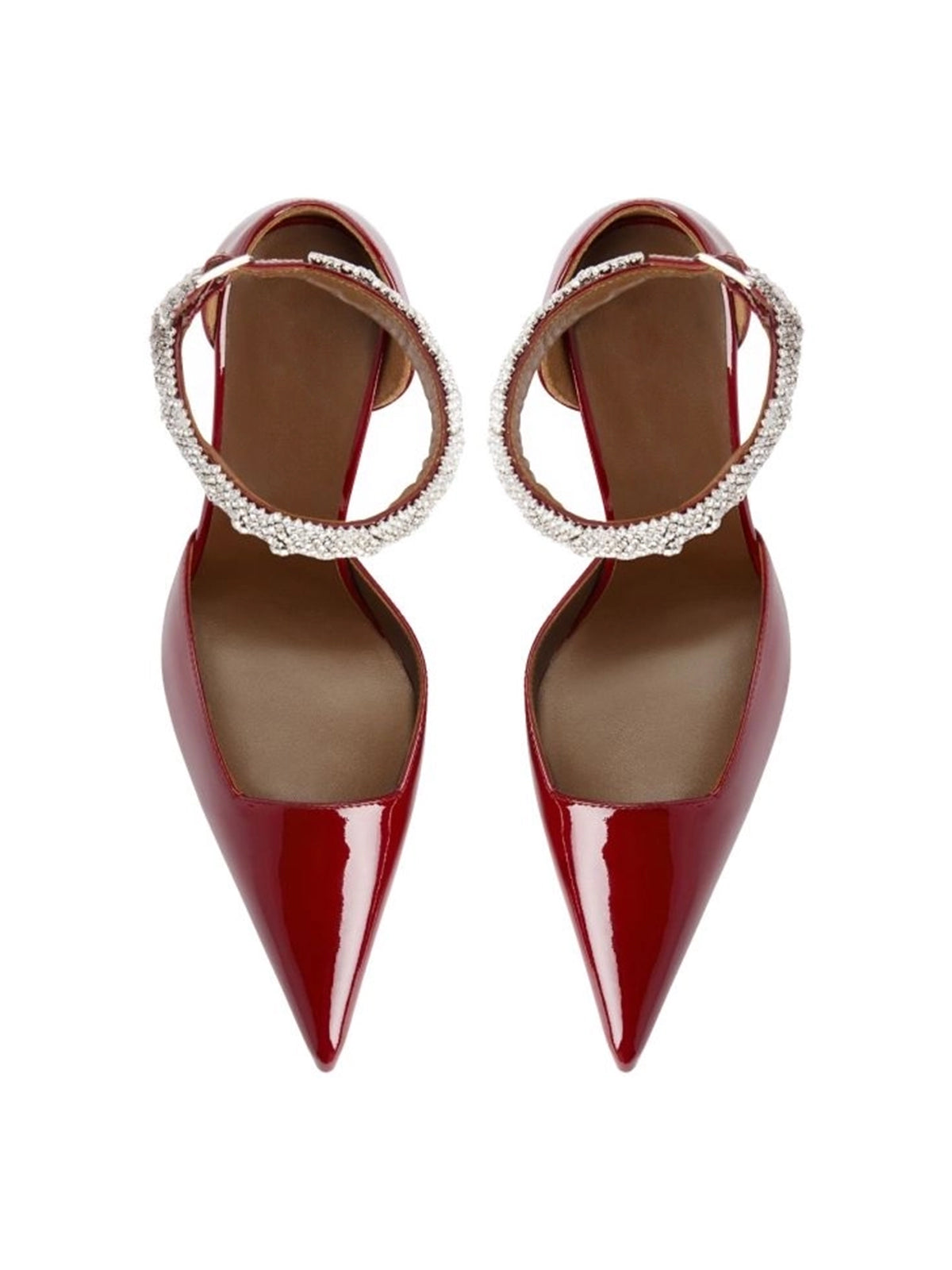 Patent Burgundy Pointed-Toe Ankle Strap With Rhinestones High Heels Pumps