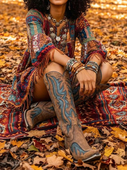 Distressed Cinnamon Snip-Toe Turquoise Inlays Full-Zip Knee High Cowgirl Boots