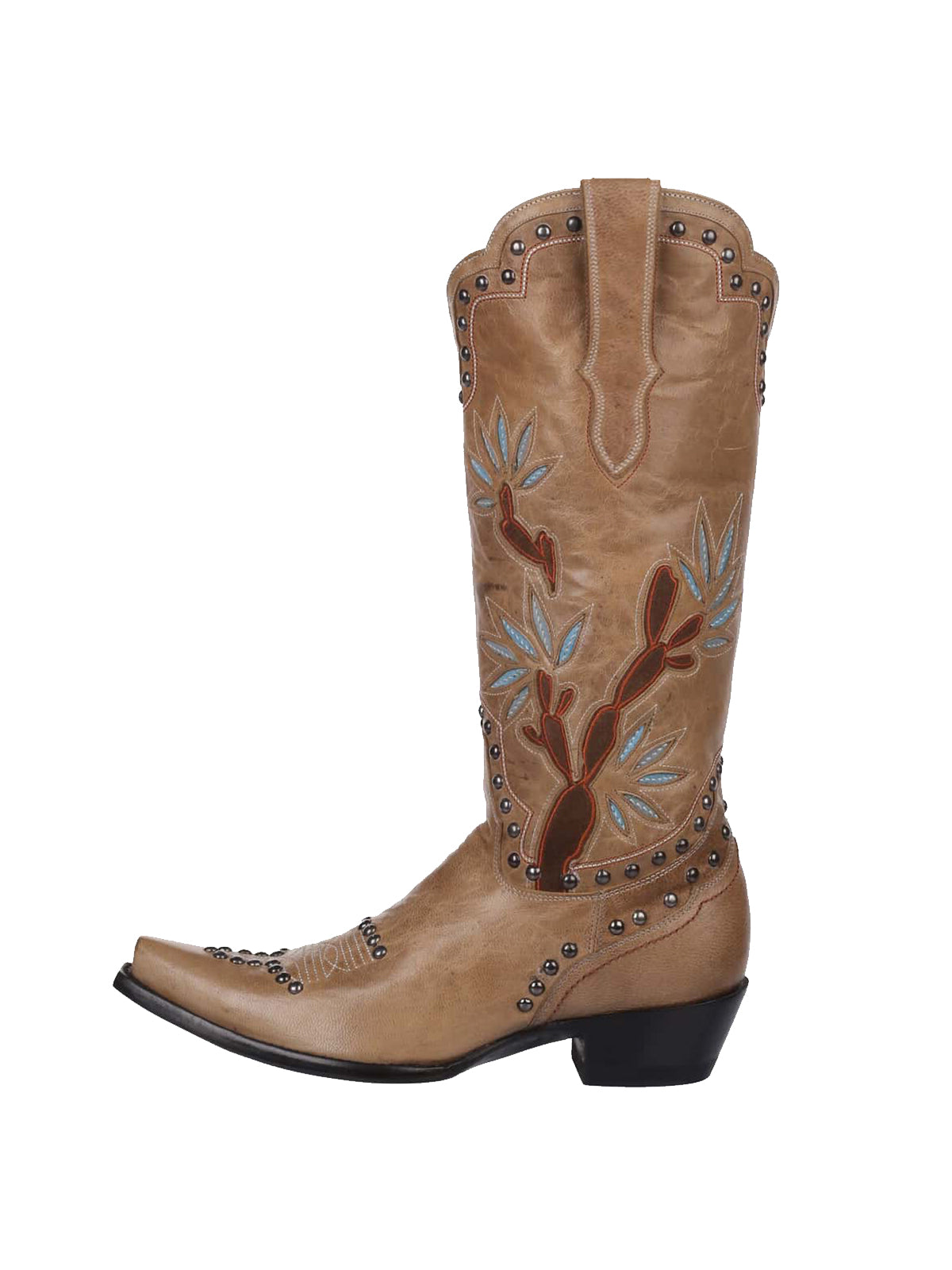 Tan Snip-Toe Cactus Inlay Studded Full-Zip Knee High Cowgirl Boots