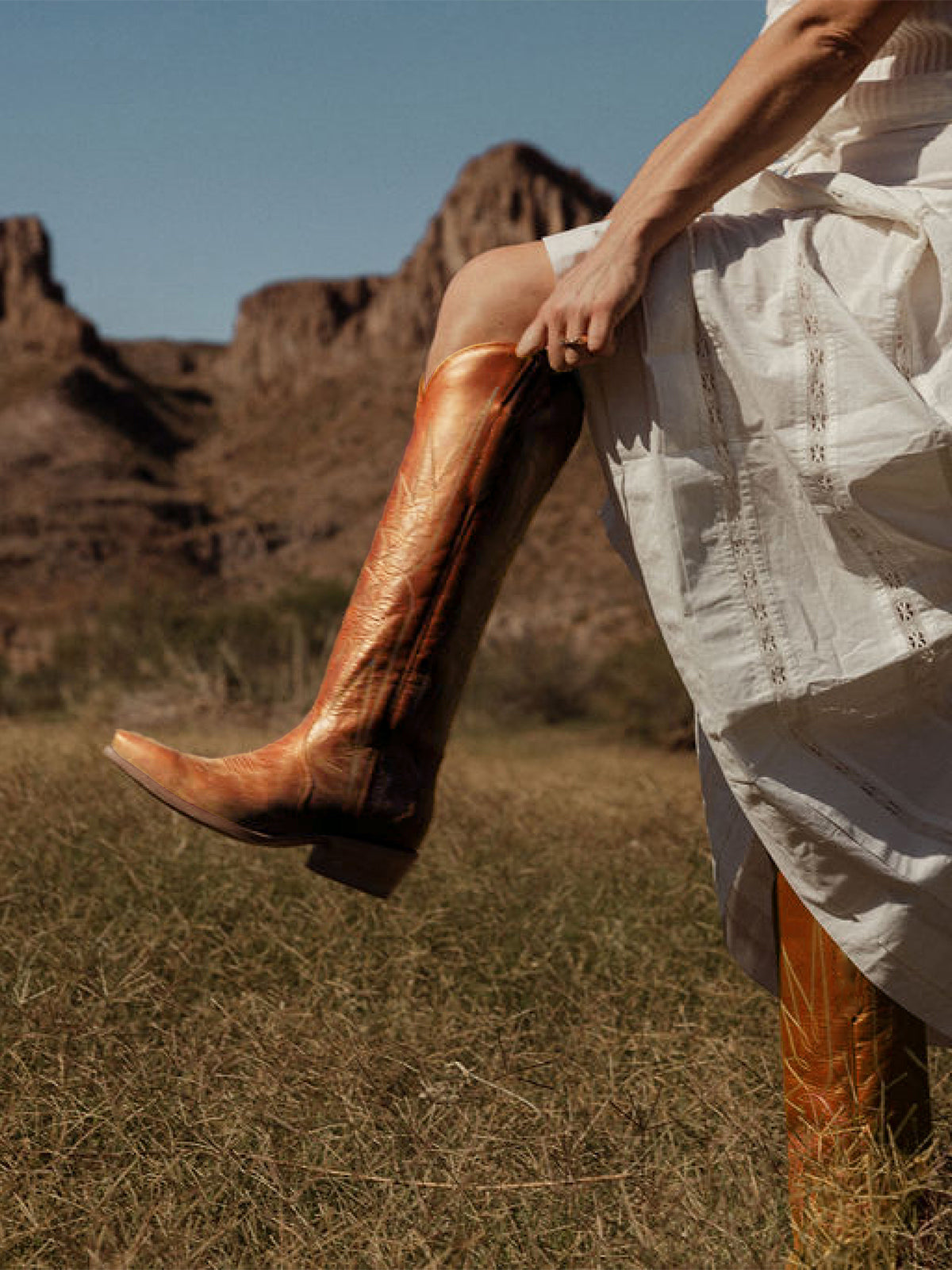 Distressed Orange Snip-Toe Embroidery Wide Calf Knee High Cowgirl Boots
