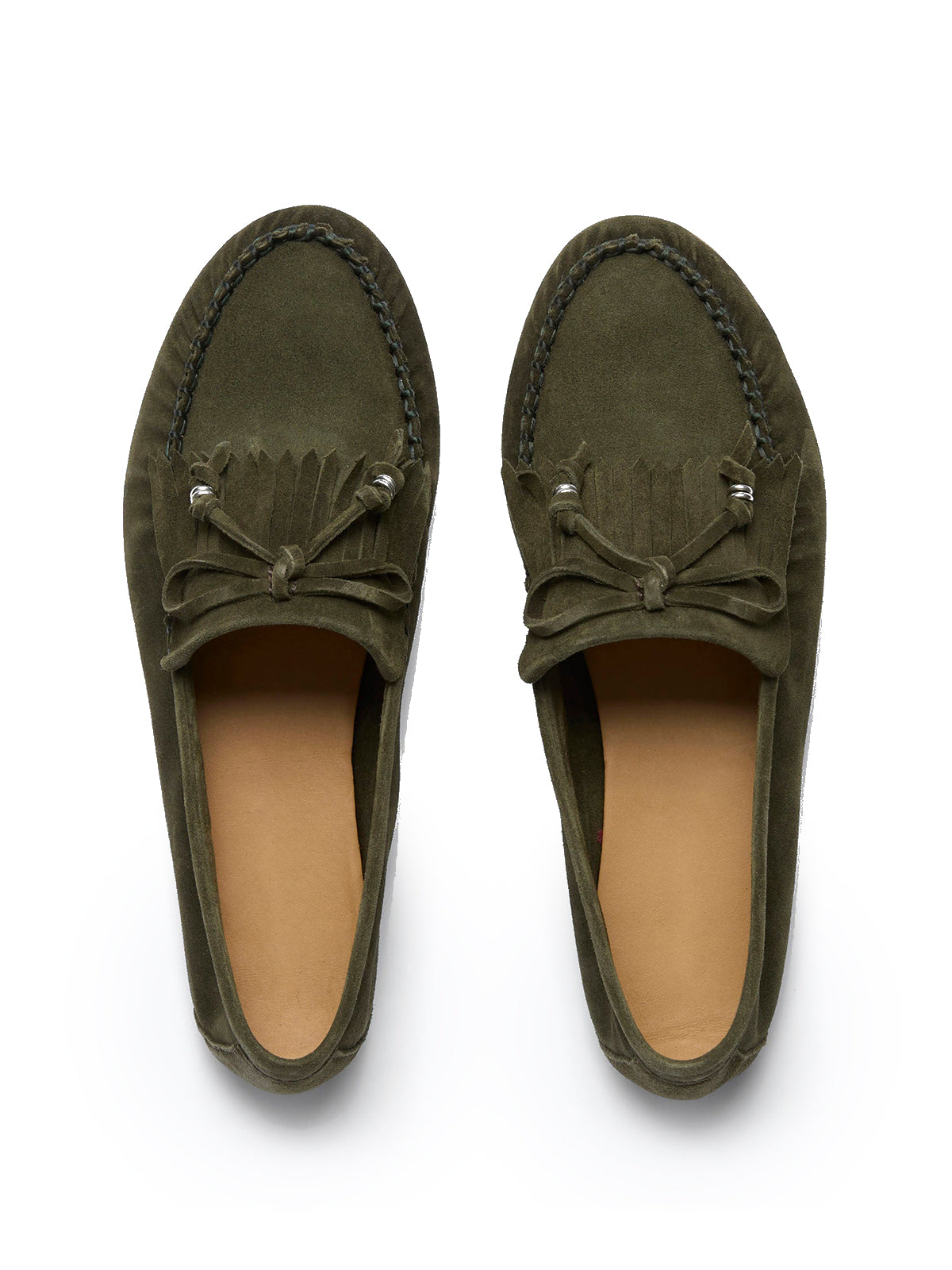 Coffee Cow Suede Round-Toe Front Bow And Fringe Flats