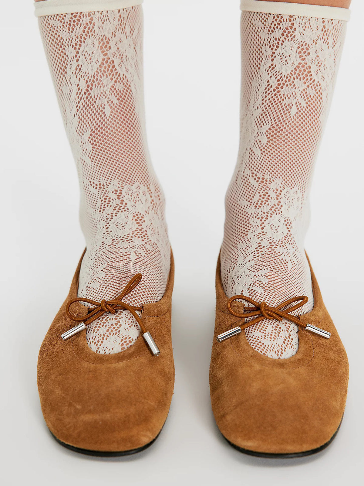 Tan Faux Suede Square-Toe Slip-On Classic Flats With Bow