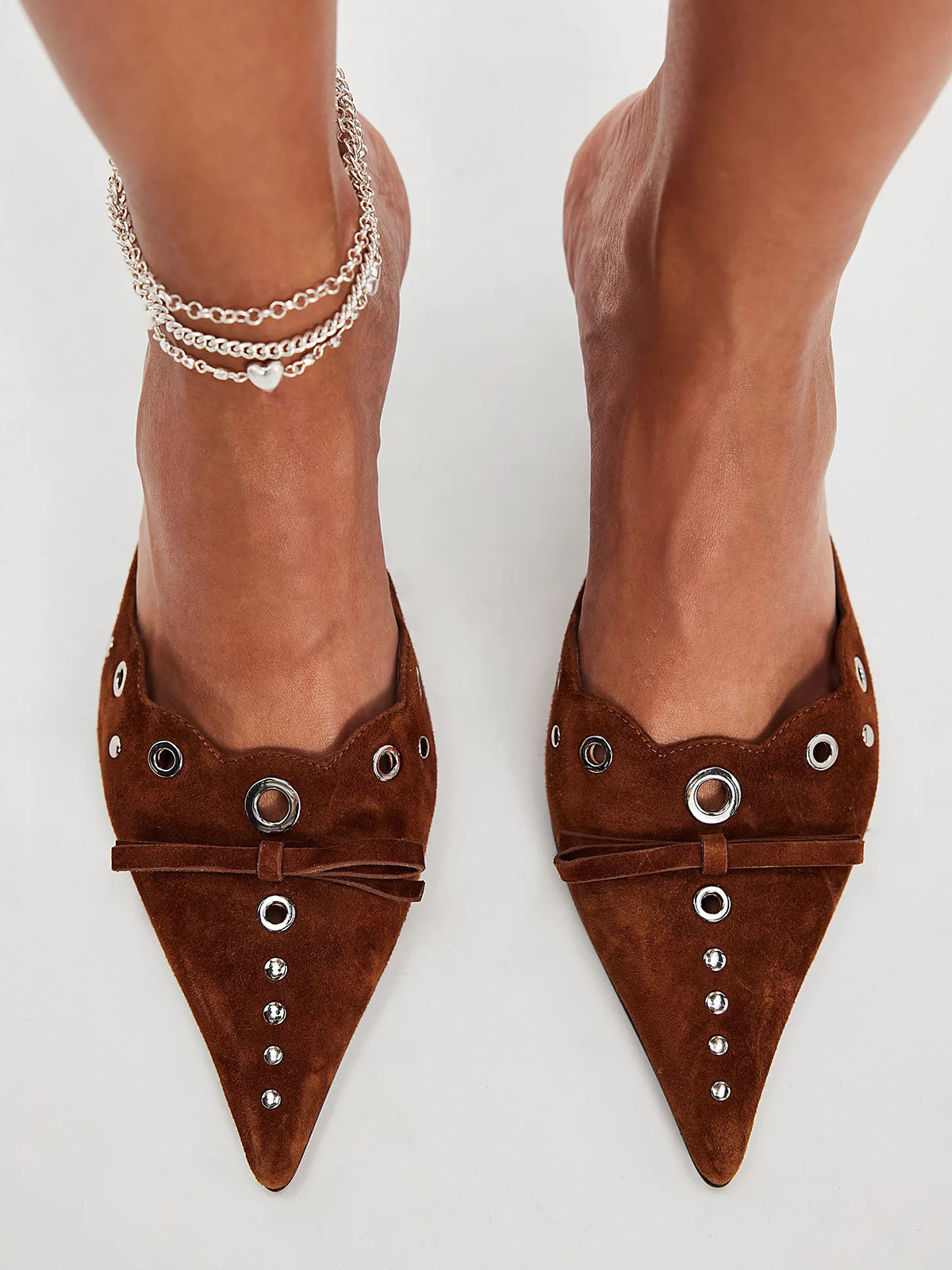 Dark Tan Faux Suede Pointed-Toe Front Knot And Studs And Eyelets Kitten Heels