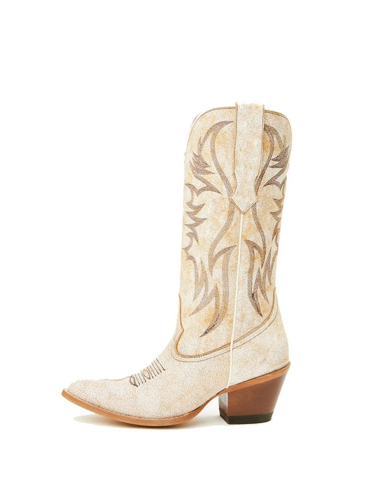 Faux Suede Wings Embroidery Pointed-Toe Mid Calf Cowgirl Boots - Distressed Ivory